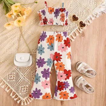 2024-04-02 lioraitiin 9M-5Y Kid Baby Girls Summer 2PCS Pants Sets Sleeveless Ruched Floral Camisole Flared Pants Sets 1