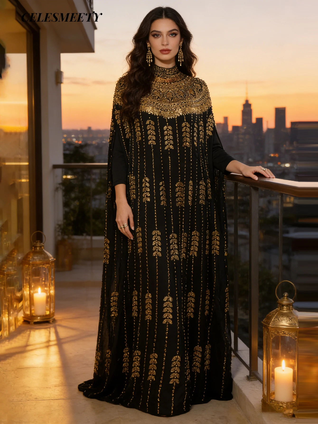 Luxury Women's Royal Black Gold V-Neck Sequin Embroidered Arabian Abaya Cloak Sleeve Dress, Suitable For Parties, Weddings, Fami 1