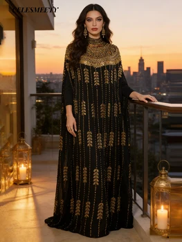 Luxury Women's Royal Black Gold V-Neck Sequin Embroidered Arabian Abaya Cloak Sleeve Dress, Suitable For Parties, Weddings, Fami 1
