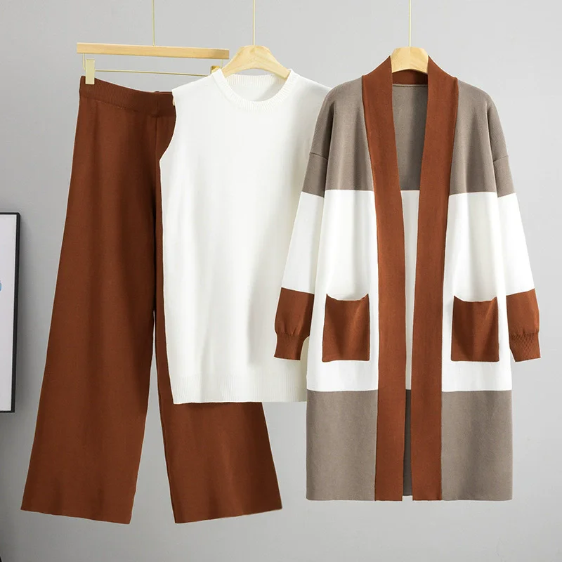 الكورية تصميم محبوك 3 قطعة مجموعات النساء سترة بيض...