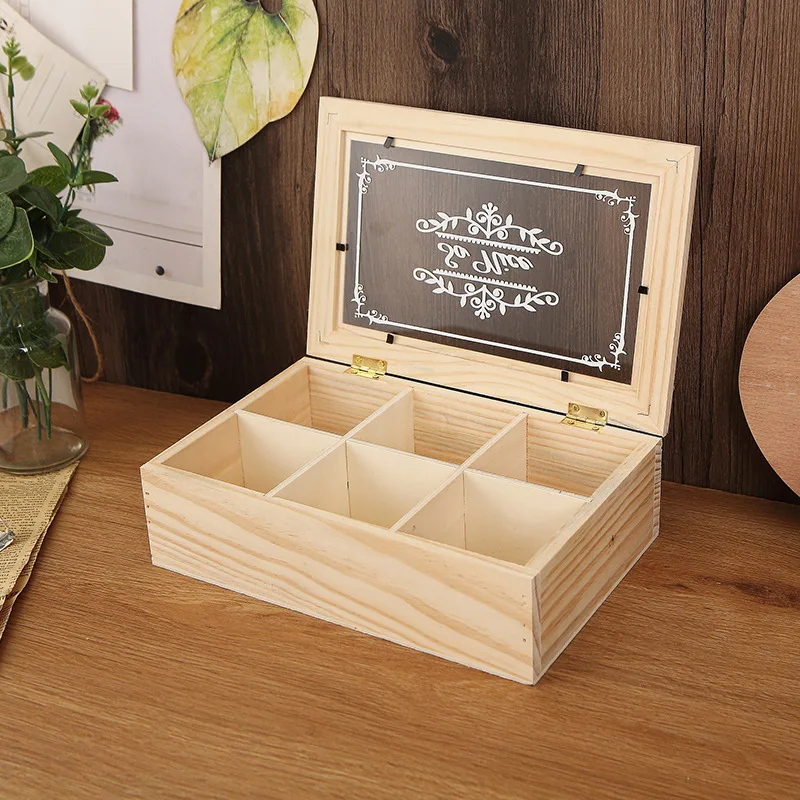 Scatola portaoggetti a sei scomparti in legno massello, organizer da scrivania rettangolare multi-comparto - immagine 2