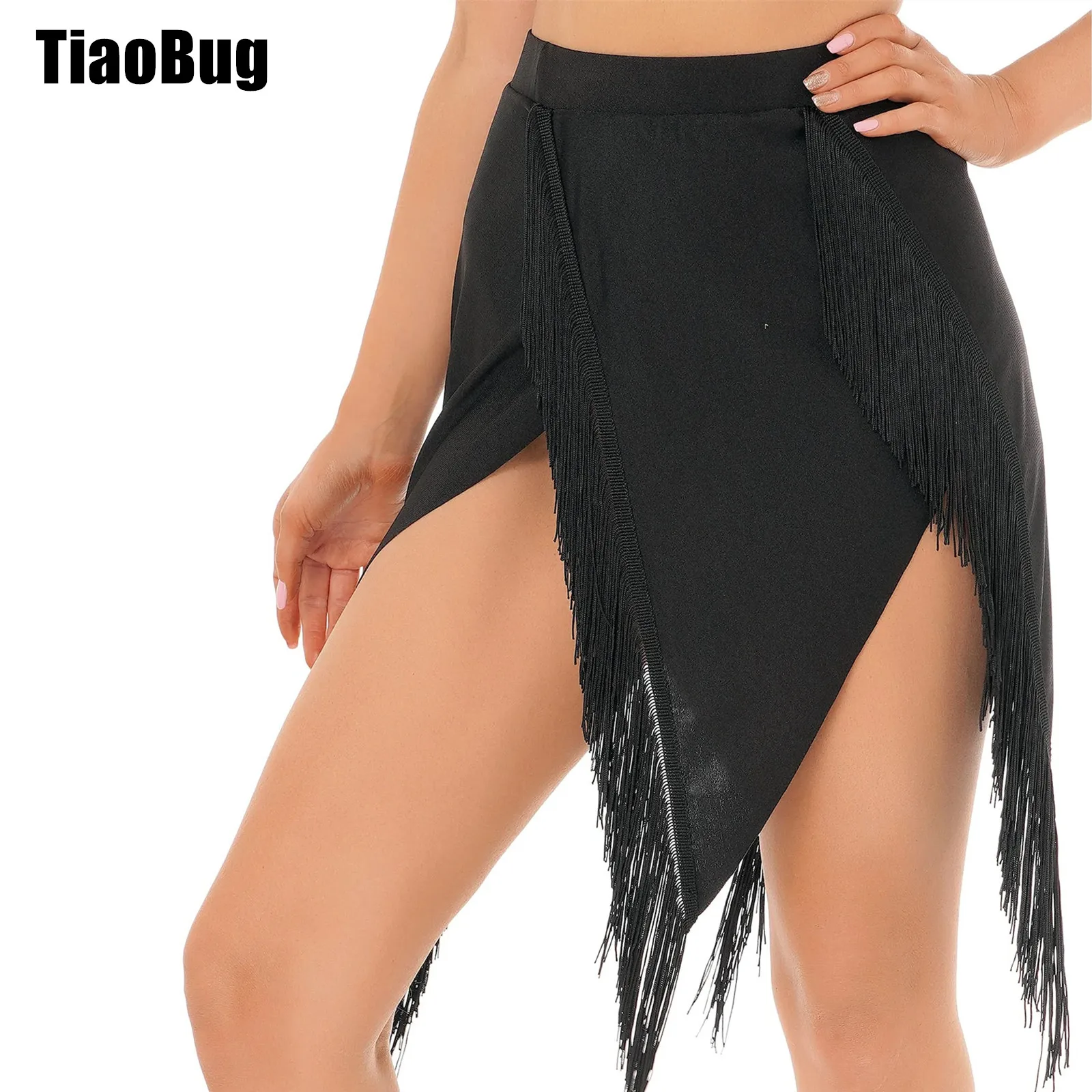 

Women Latin Dance Fringed Skirt Elastic Waistband Split Tassels Skirts Cha-cha Samba Competition Performance Costume