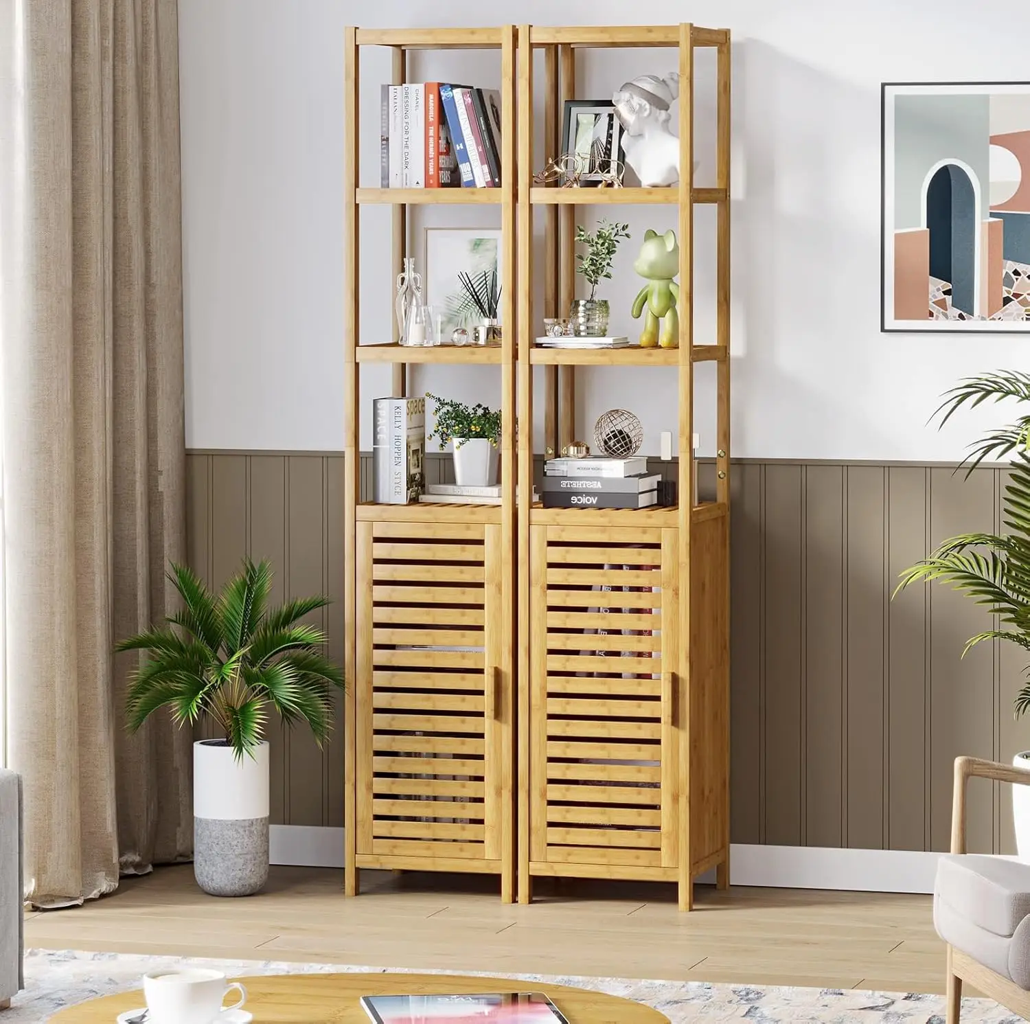 Storage Tall Slim Cabinet with Shutter Door and 3 Tier Shelves, Freestanding Linen Tower Cabinet for Living Room, Kitchen, Bathr