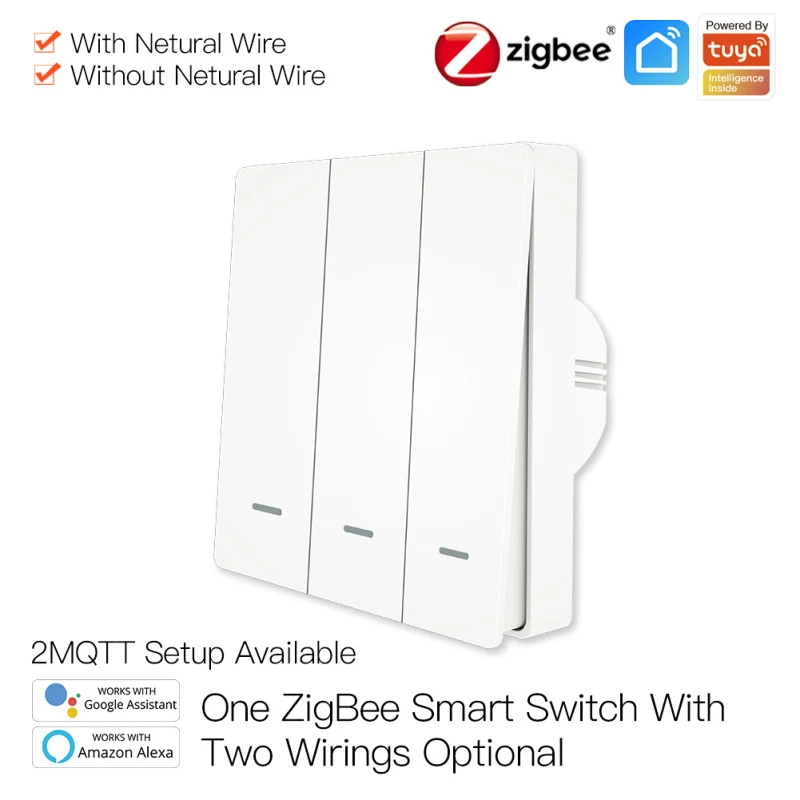 Moeshome Tuya ZigBee Smart Light Switch No Neutral Wire No Capacitor Needed Smart Life 1/2/3 Gang Via Alexa Google Home 2mqtt 