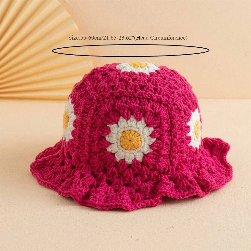 Handgemachte gehäkelte Blumen-Eimer-Mütze für Mädchen, koreanische Fischermütze, Ins Reise, Strand, Panama-Mütze, Strickmütze, Winter-Beanie-Mütze – Detail 9