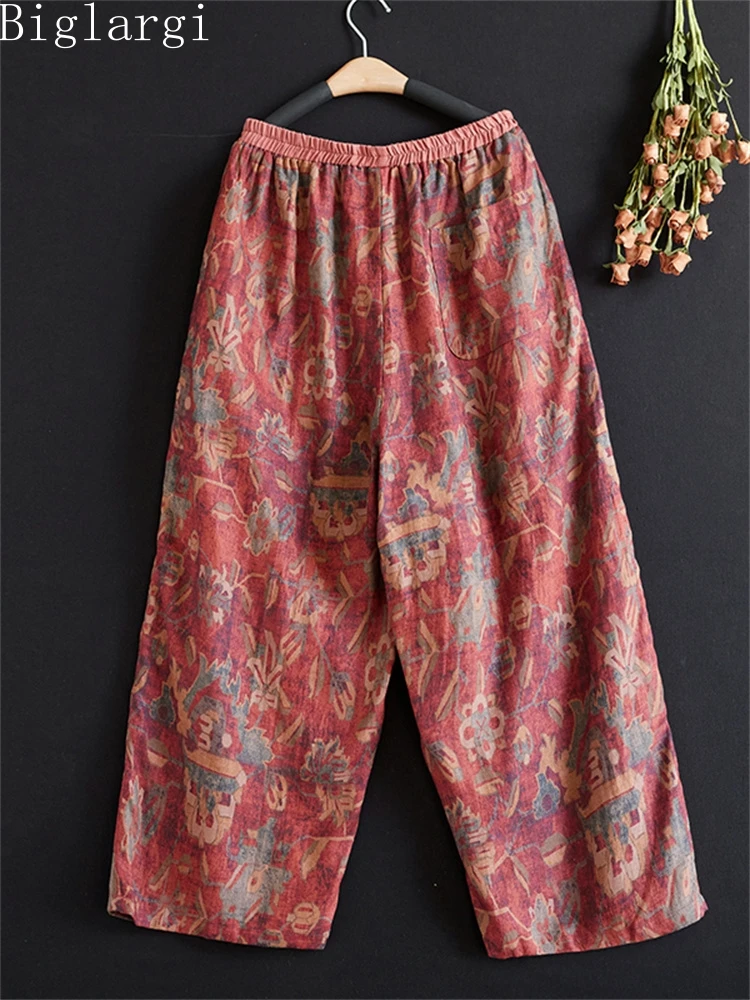 

Большие корейские летние новые винтажные женские широкие брюки с цветочным принтом, повседневные свободные женские хлопковые брюки большого размера с принтом