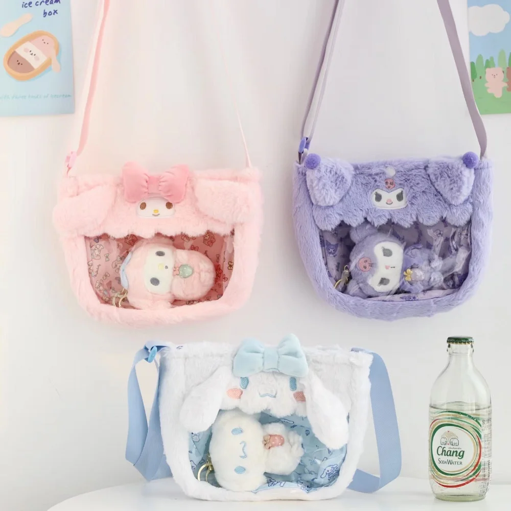 

Sanrio Plush Bag Kuromi Backpack My Melody Transparent Cinnamoroll Messenger Bag Lolita Crossbody Bag Makeup Kid Girl Anime Gift