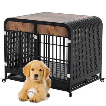 Dog Crate Furniture Wooden Table Pet Dog Cage Kennel House Indoor Side End Table Decor with Removable Trays and Lockable Wheels 1