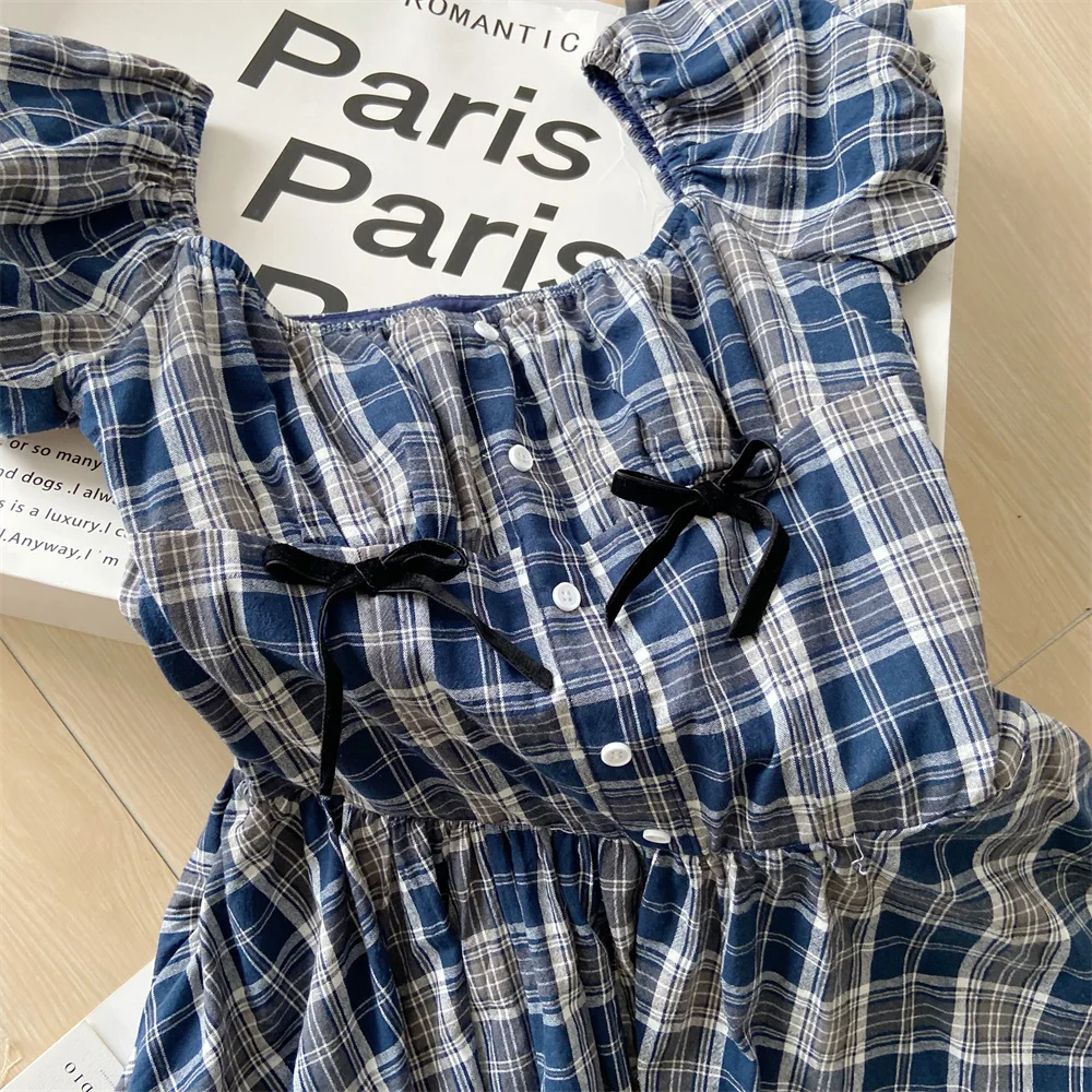 Y2K Plaid Short Dresses for Women Princess Birthday Party Dress Puff Sleeve Square Collar Bow Prom Summer Mini Vestidos Mujer