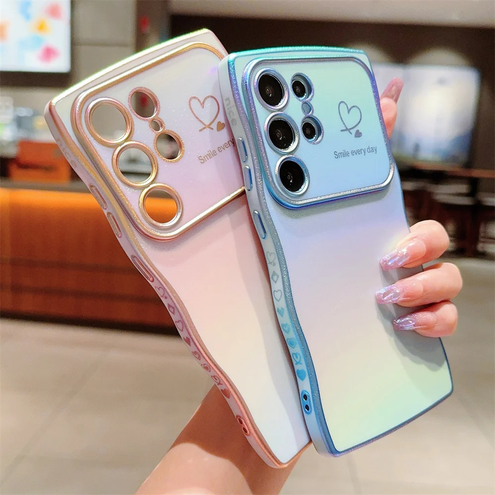 Curly Wavy Glitter Laser Love Heart Phone Case For Samsung S24 S23 Ultra S24 FE S22 Plus Fashion Colourful Shockproof Back Cover_voghion.com