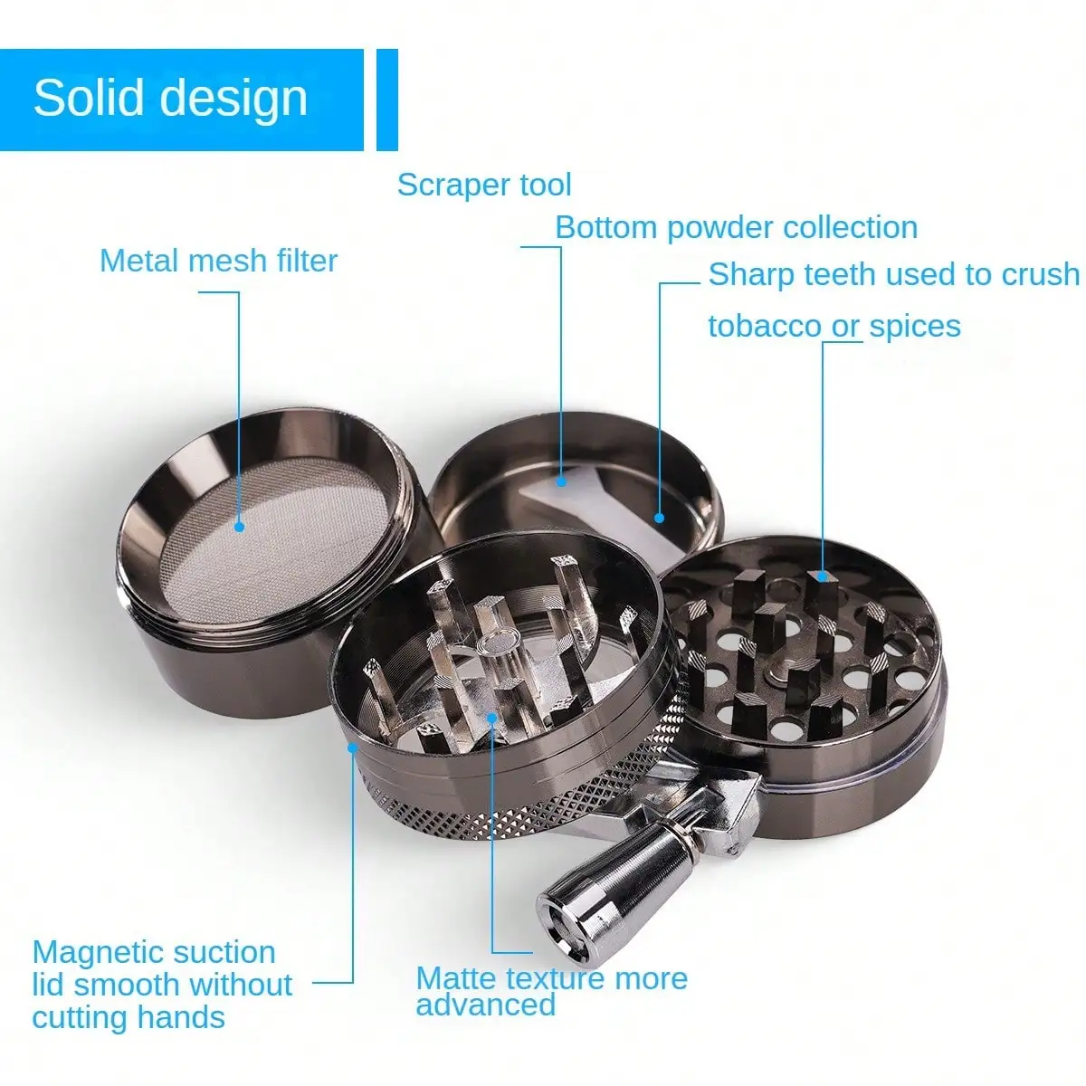 1.6inch Metal Handle Herb Grinder 4-layer Manual Spice Mill Pepper Salt Mortar Raw Grass Tobacco Grinder Cigarette Kitchen Tool salt and pepper grinder,nut spice grinder,herb grinder,pepper grinder,herb spice grinder