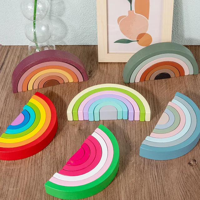 New Kids Montessori Arch Bridge Rainbow Building Blocks Wooden Toys Baby Early Education Color Cognitive Blocks Toys for Kids 2