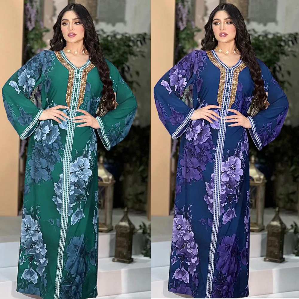 African Eid Muslim Party Dresses for Women Abaya Dubai Print Long Dress Flower V-Neck India Caftan Abayas Elegant Maxi Vestidos