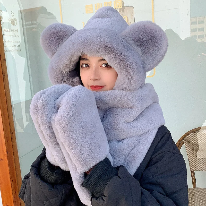 3PCSBear Hat Autumn and Winter Women Scarf Gloves one Winter Bib Cartoon Cute Warm Plush Winter Three-Piece Set 3