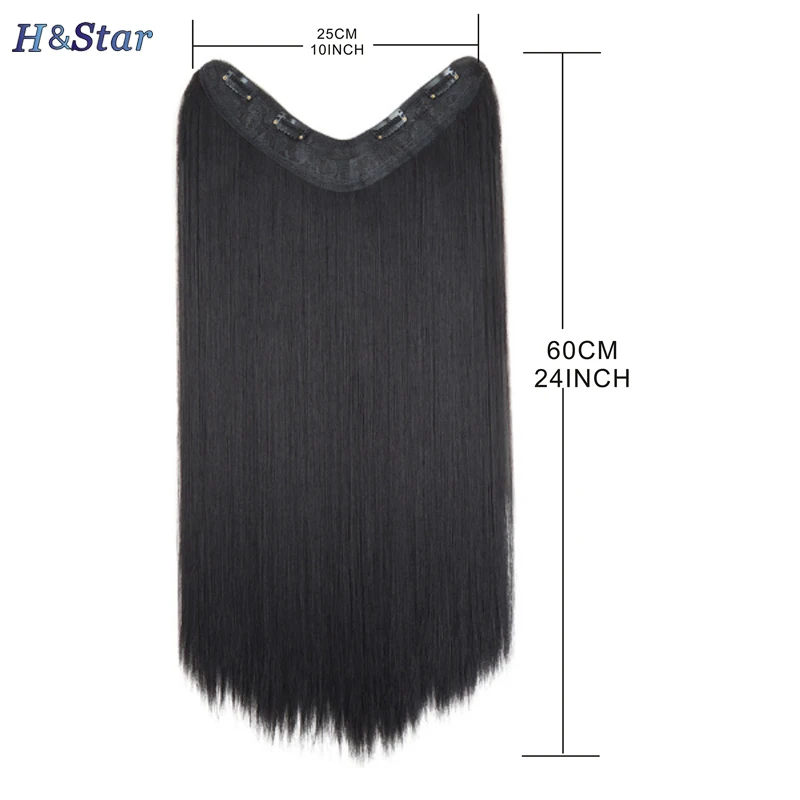H&STAR 24Inch Long Synthetic  Straight hair 4Clip One Piece V-shaped Clip in Hair Extensions Black Brown  Hairpieces for Women