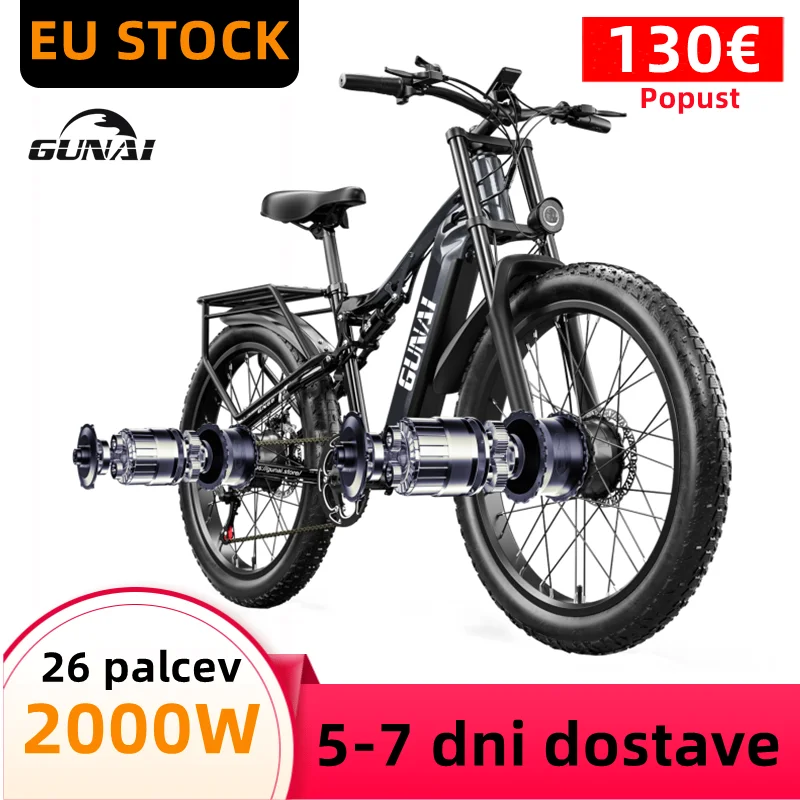 Gunai Adulti Bicicletta Elettrica 2000W Doppio Motore, 48V 17Ah Batteria Rimovibile Moto Elettrica, 26 Pollici Fatbike Pneumatico Bici Elettrica