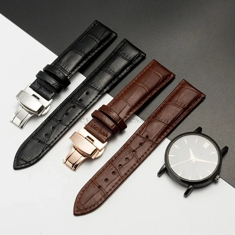 Elegant Genuine Leather Watch Band with Butterfly Clasp - Premium Replacement Bracelet in Elegant Gift Box