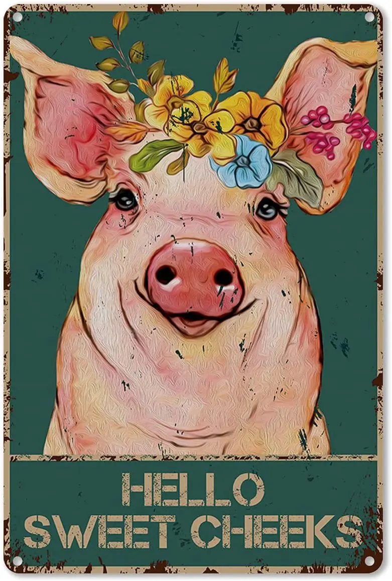 

Metal Tin Sign Wall Decor - Vintage Hello Sweet Cheeks Pig with Flowers Tin Sign for Toilet Bathroom Washroom Decor Gifts