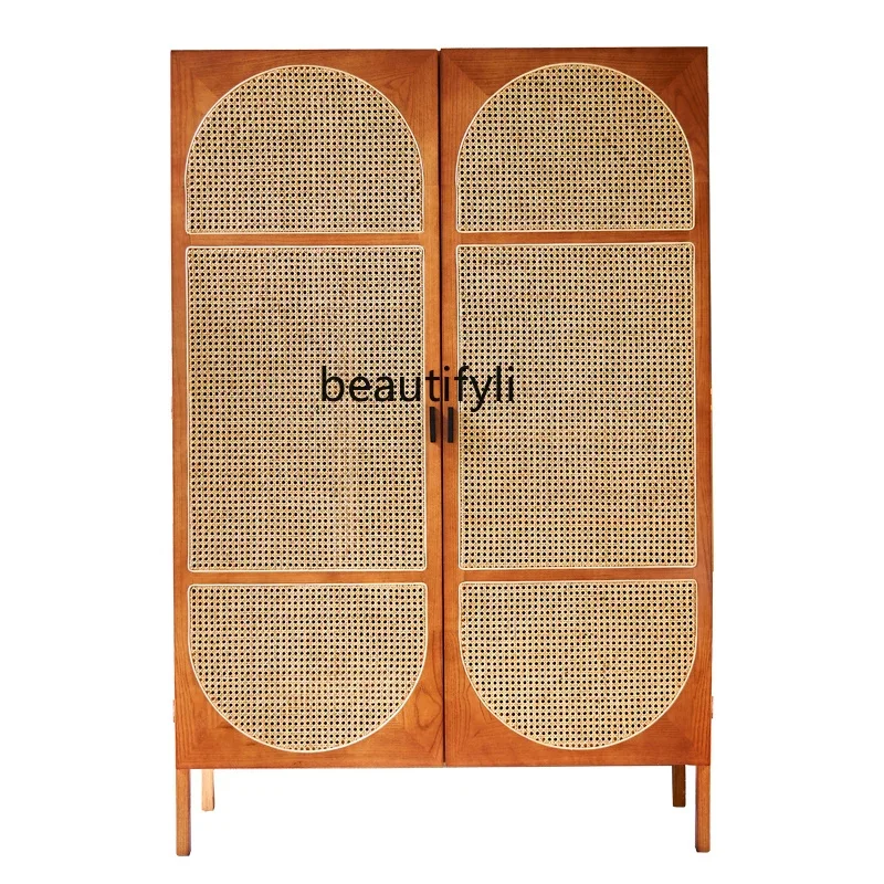 

Nordic Solid Wood Wardrobe Modern Simple Home Rattan Wardrobe B & B Creative Locker Bedroom Hanging Storage Cabinet