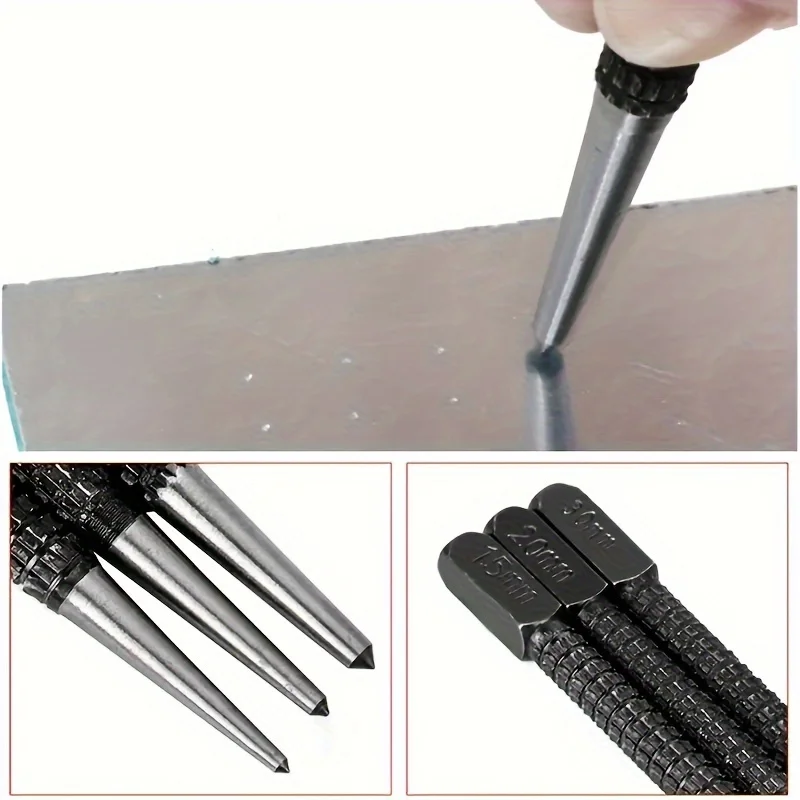3pcs High-carbon Steel Center Punch Set Non-Slip Center Pin Punch For Drilling Alloy Steel Metal Wood 1.5/ 2 /3mm
