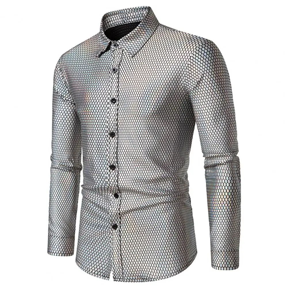 

Bronzing Shirt Unique Design Sequin Shirt Sequins Lapel Men's Dress Shirt for Luxury Disco Party Nightclub Christmas Prom