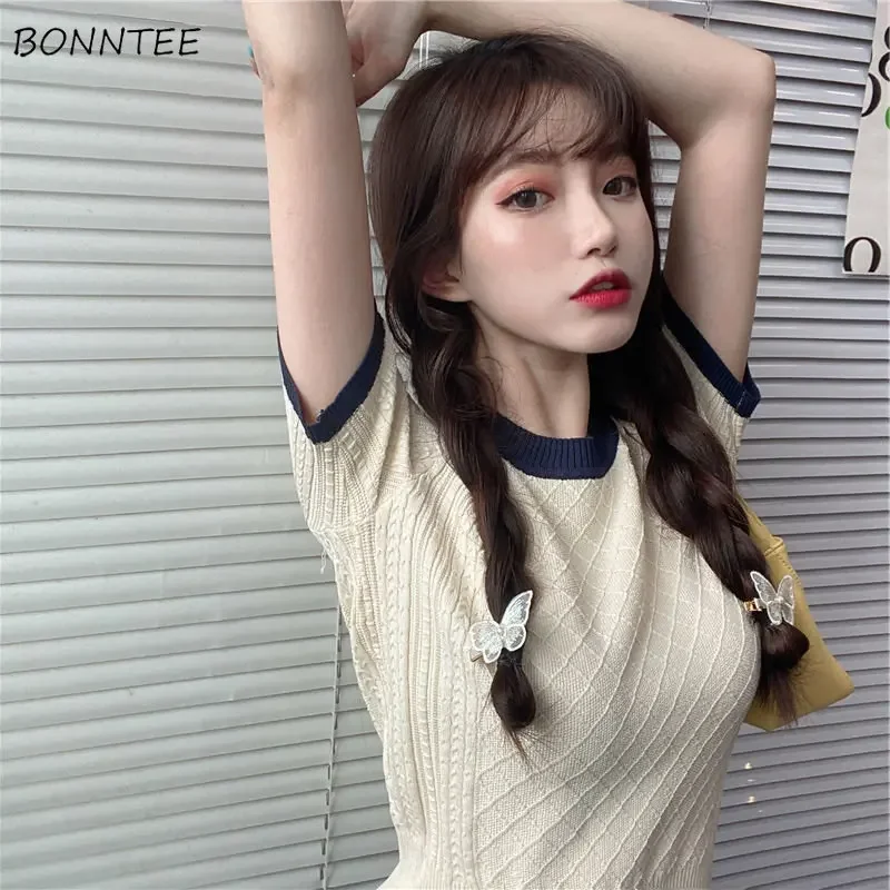 

Женские летние футболки с коротким рукавом, Новое поступление, модные облегающие укороченные топы в Корейском стиле с круглым вырезом в стиле пэчворк, женские универсальные шикарные топы