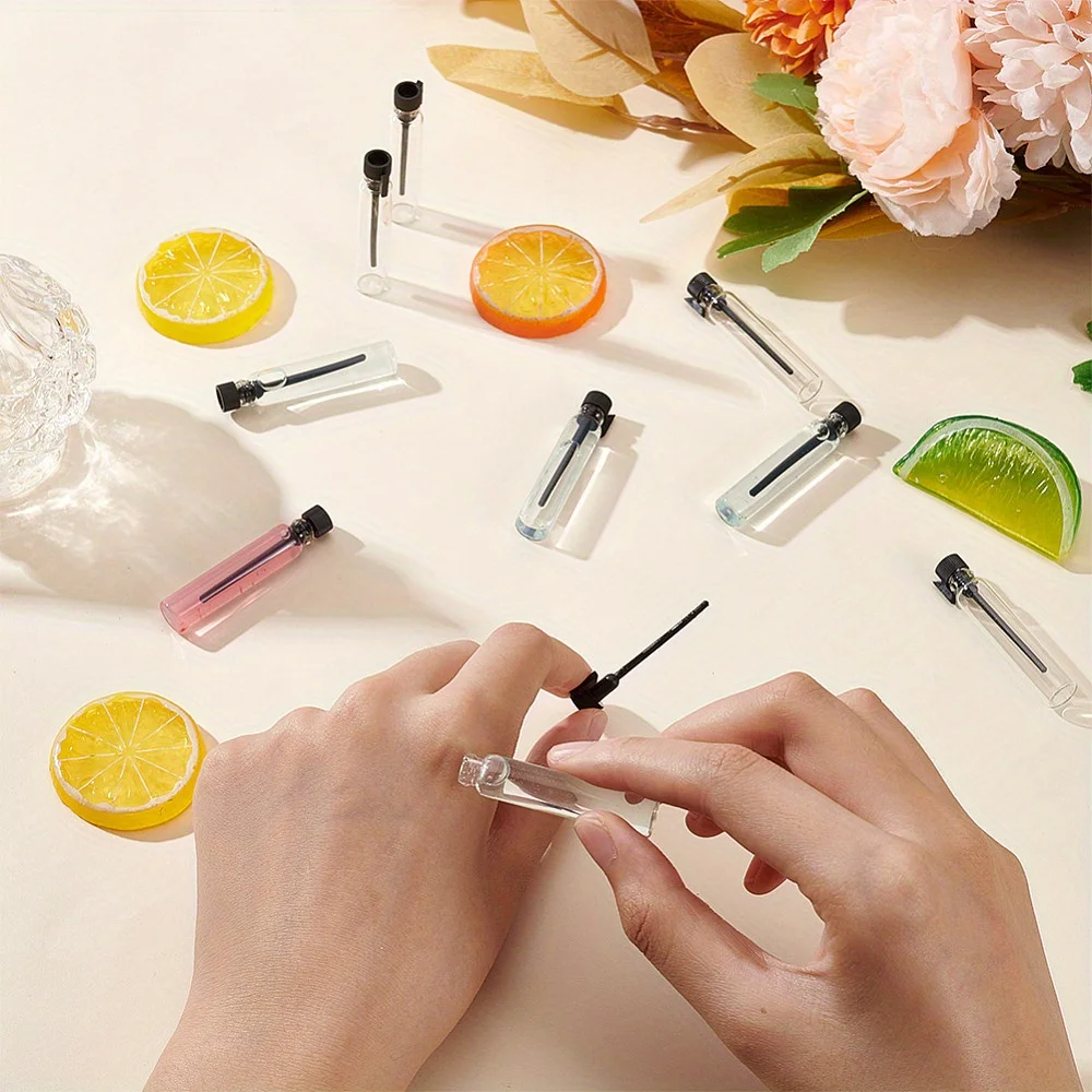 100Pcs+10 Accessories 1ml Glass Refillable Perfume Sample with 100 Dropper Bottles, 10 0.5ml Pipettes