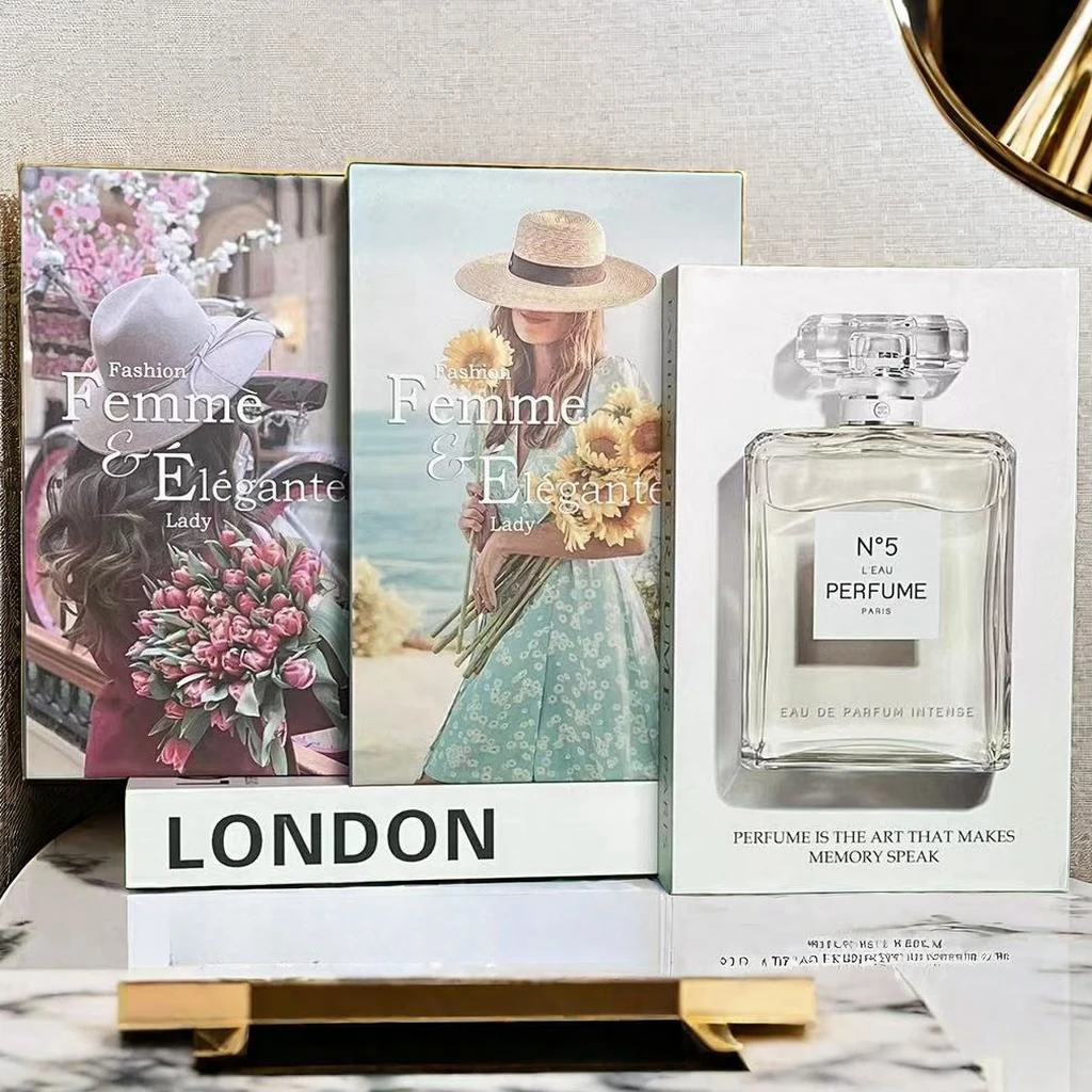 Fake Books Coffee Table Decoration Luxury Brand Perfume Fashion Girl City Landscape Decorative Book Storage Box Bderoom Decor