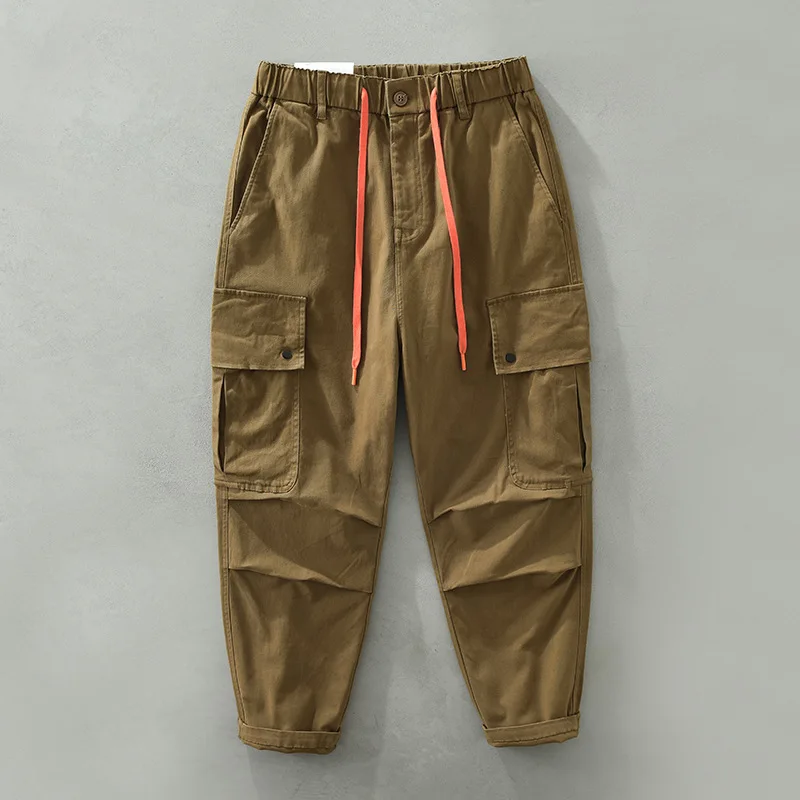 

2023 Japanese Loose Casual Overalls Men's Straight Drawstring Trousers Elastic Waist Everything Matching Trousers