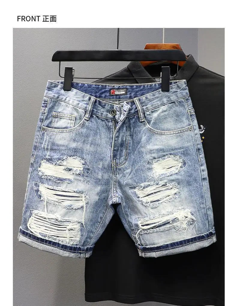 Denim Shorts 2025 Men's Summer Thin Ripped Patch Beggar Pants Cat Whisker Needle Sewing Slim Small Feet Short Jean Medium Pants