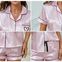 Womens Pajama Set Victoria Style Summer Satin Striped Embroidered Short Sleeve Top Short Pants Two piece Casual Home Clothes Set - Image 5