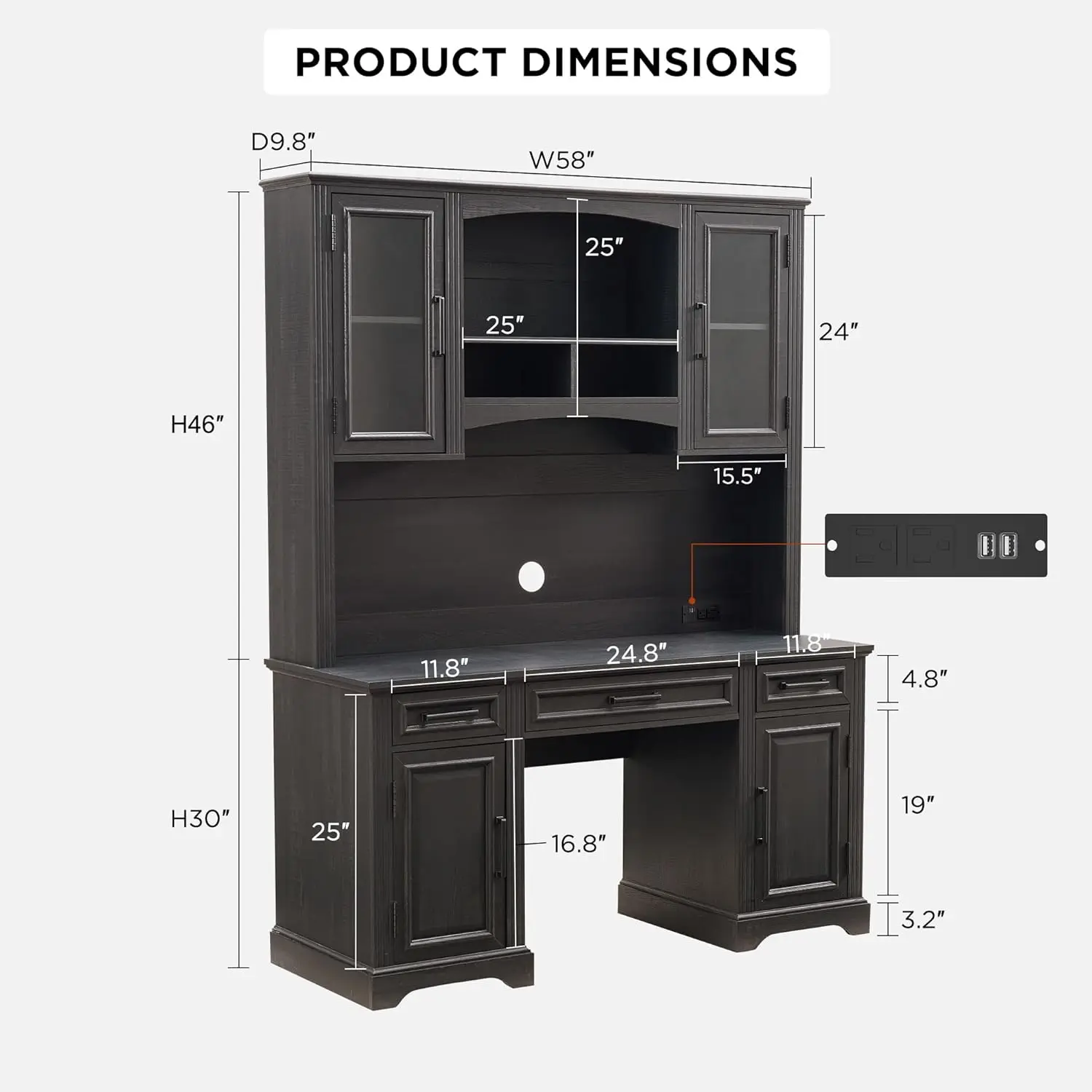 JXQTLINGMU Farmhouse 76" Height Computer Office Desk with Hutch Charging Station Drawers Storage Cabinet Workstation Home 2
