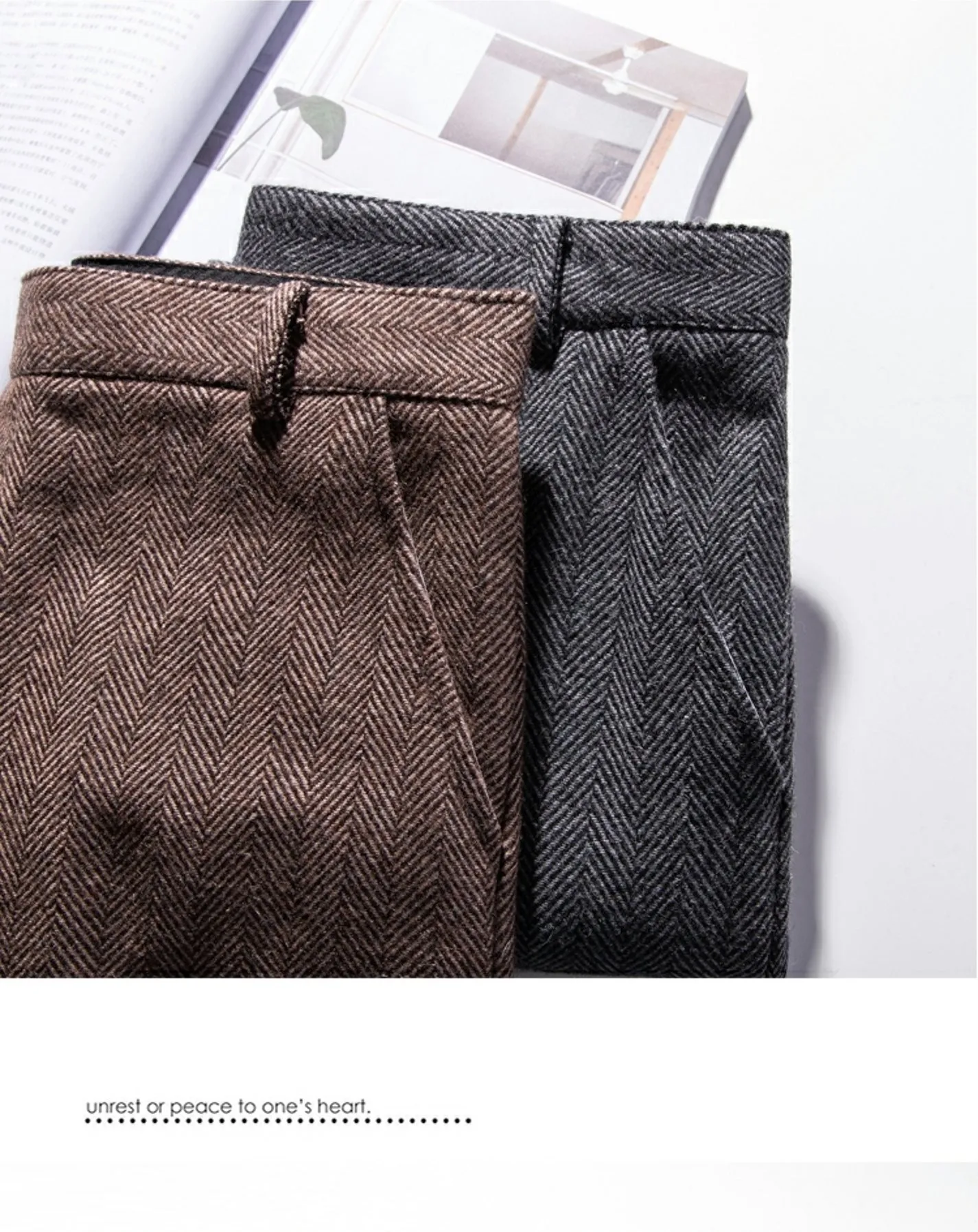 Herrenhose aus Wolle für Herbst und Winter, großes Fischgrätenmuster, britische Retro-amerikanische Freizeithose aus Haremwolle mit geradem Bein – Detail 12