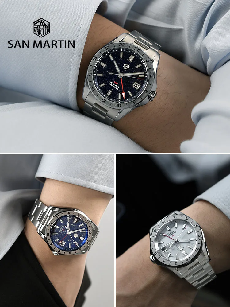 San Martin 39mm Aventurine Gemstone Dial Luxury Men's Watch NH34 GMT Automatic Mechanical Sapphire Waterproof Luminous SN0129