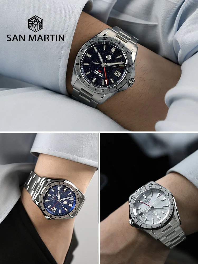 San Martin 39Mm Aventurijn Edelsteen Wijzerplaat Luxe Heren Horloge Nh34 Gmt Automatische Mechanische Saffier Waterdichte Lichtgevende Sn0129