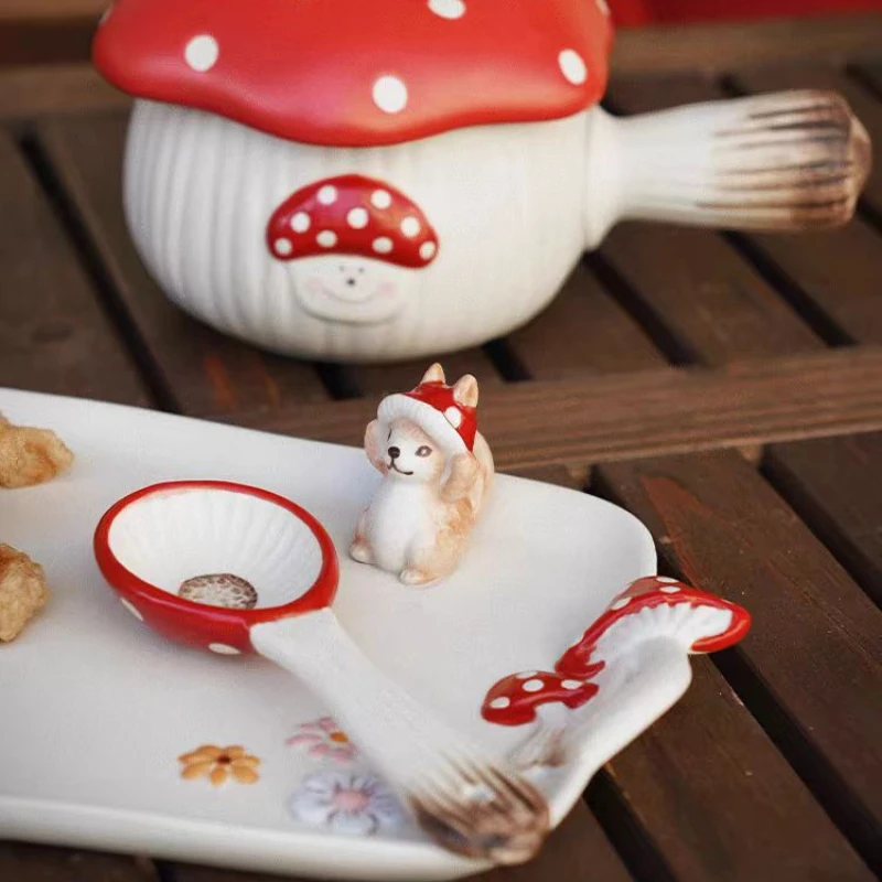 Cute Mushroom Ceramic Kimchi Ramen Bowl Soup Pot Spoon Breakfast Dessert Dessert Snacks Fruit Plate Tableware Kitchenware