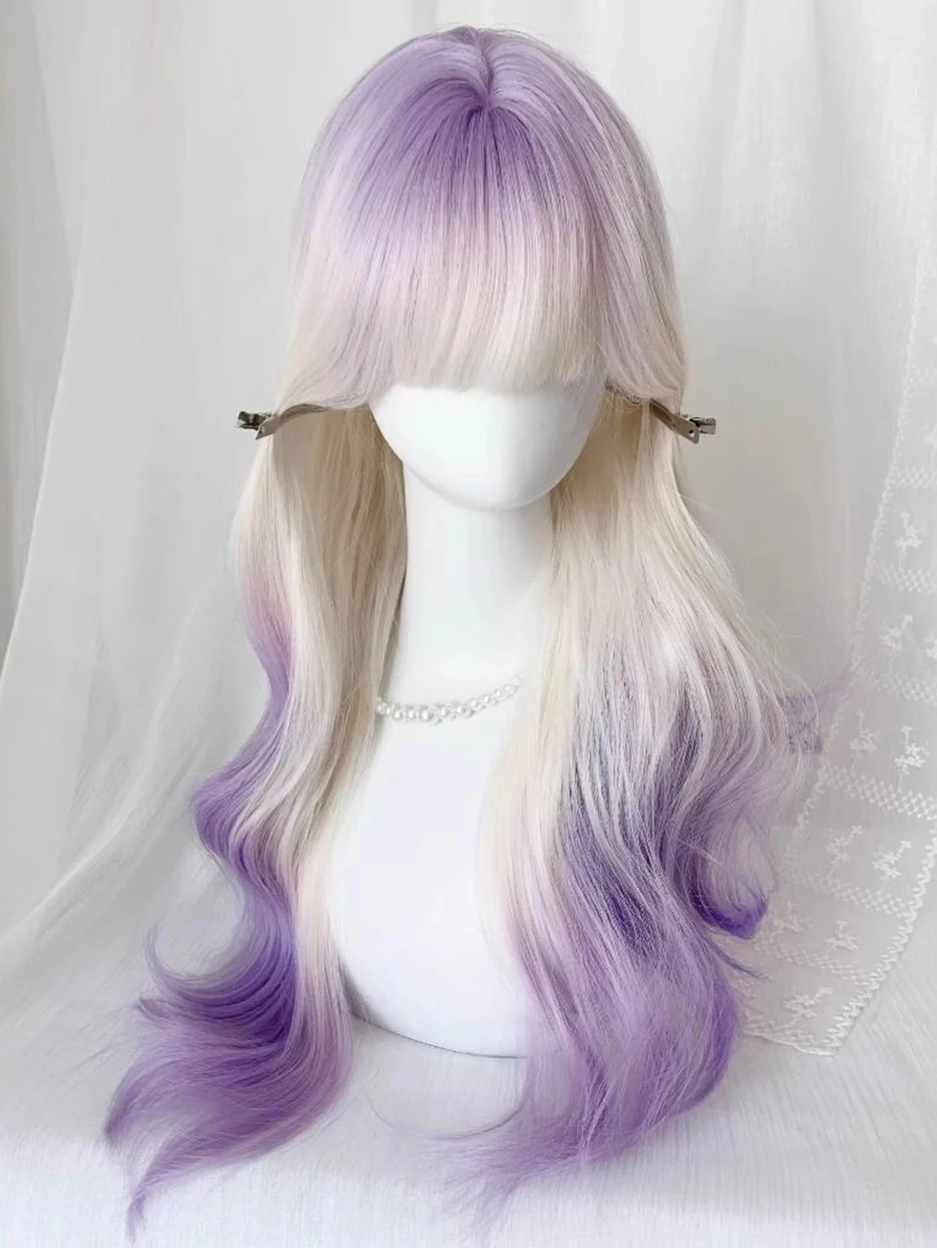 Synthetic White Purple Long Curly Wavy Wig for Women