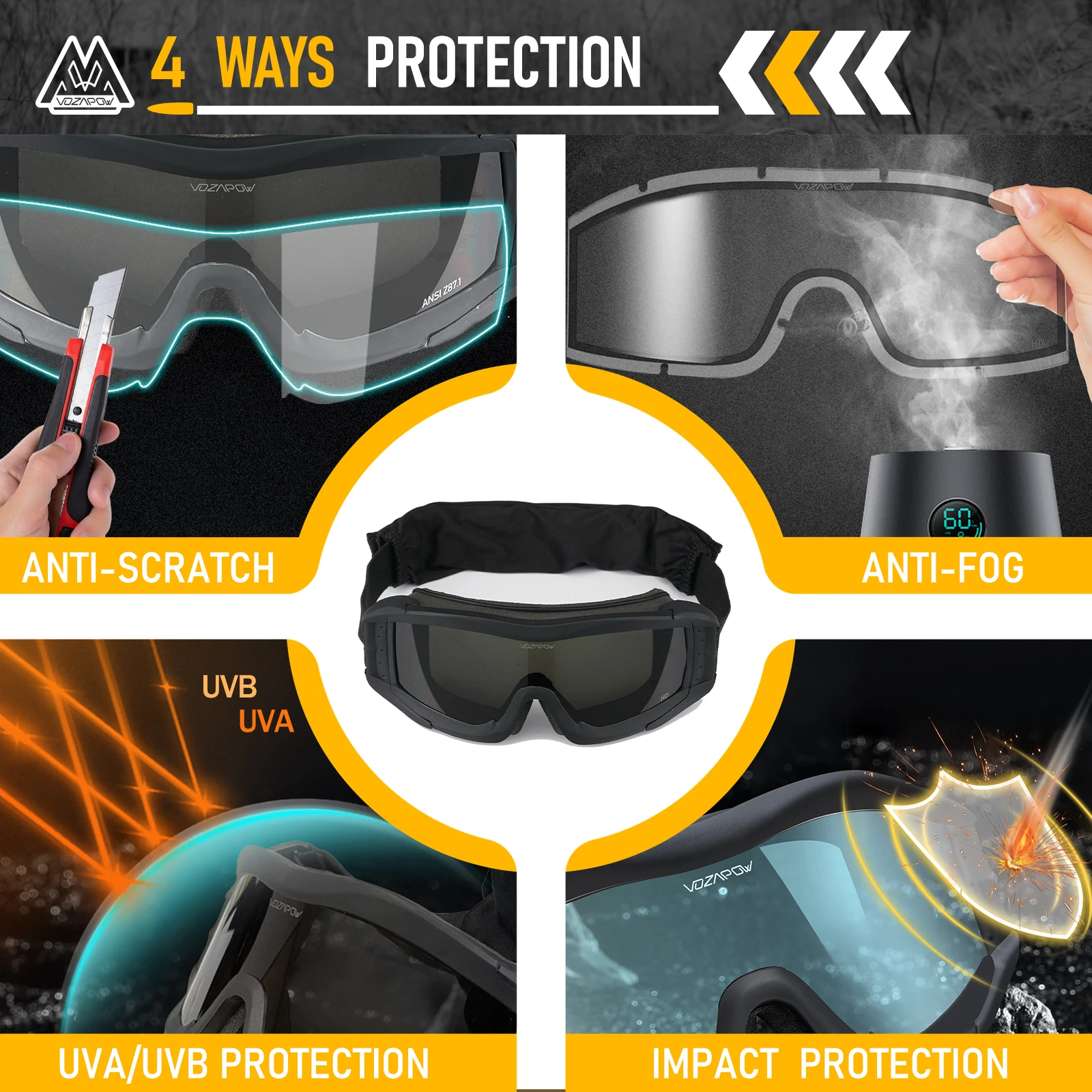Vozapow Airsoft Tactical Goggles Professional Impact Resistant Safety Anti Fog Sunglasses UV400 Mountaineering Shooting Glasses