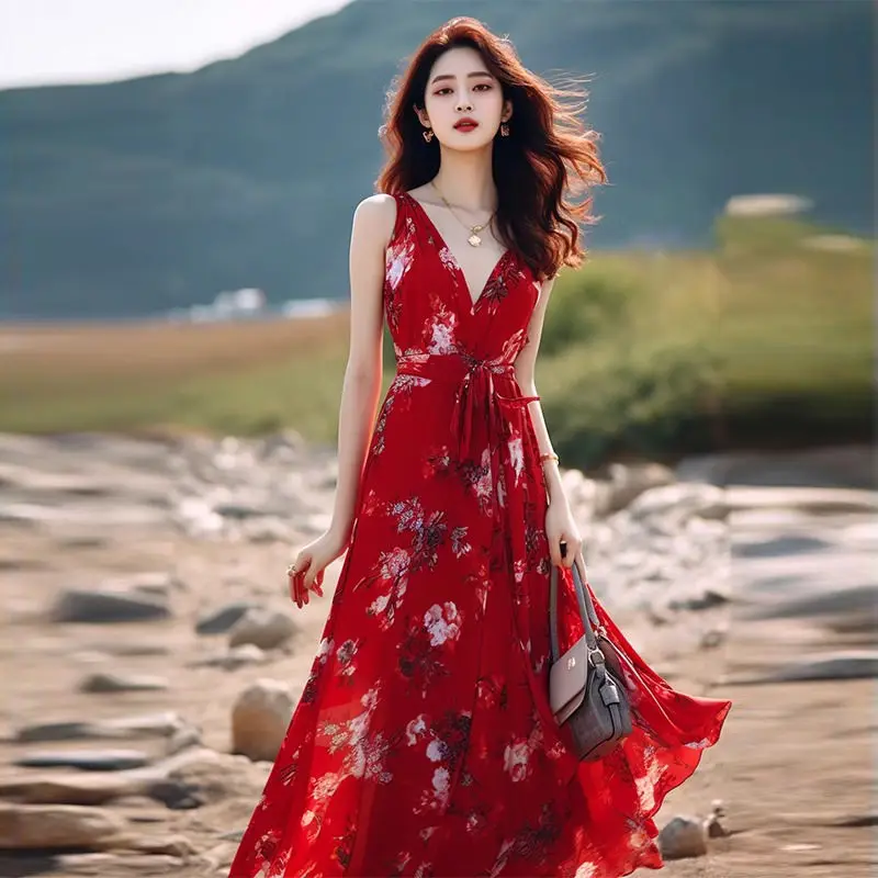 

Stunning Red Floral Dress with Waist Tie and Zipper - Perfect for A Sophisticated Beach Vacation