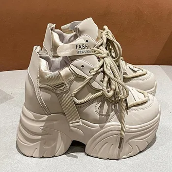Women Walking Sneakers Autumn Lace-up High Platform Chunky Shoes Breathable Leather Shoes 10.5CM Winter Wedge Heels Casual Shoes 1