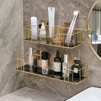 Luxury Bathroom Shelf without drilling Iron Wall Shelf with Marble style Glass Plate Makeup Storage Rack Bathroom Accessories 1