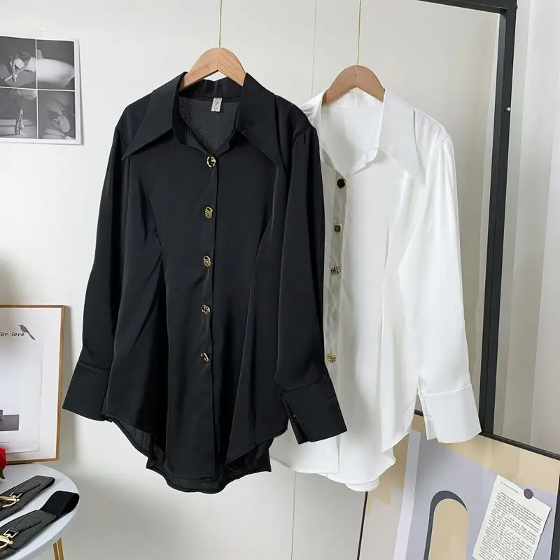 Women Casual Stylish Sexy Solid Appear Thin Shirt 2024 Spring Lady Put Away Waist Simplicity Blouse Female Fashion All-match Top