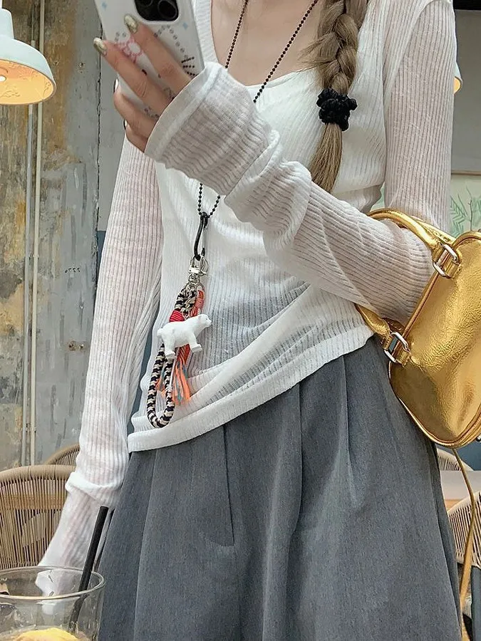 Summer Thin Long Sve V-Ne Knitted Top Women's Faion Layering irt Korean Sle Slim Fit T-irt Pure Color Design 4