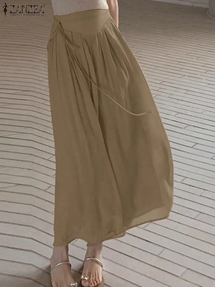 

Элегантные широкие брюки с высокой талией ZANZEA 2023 Осень Женские повседневные свободные плиссированные длинные брюки с широким подолом Однотонные эластичные брюки с карманами