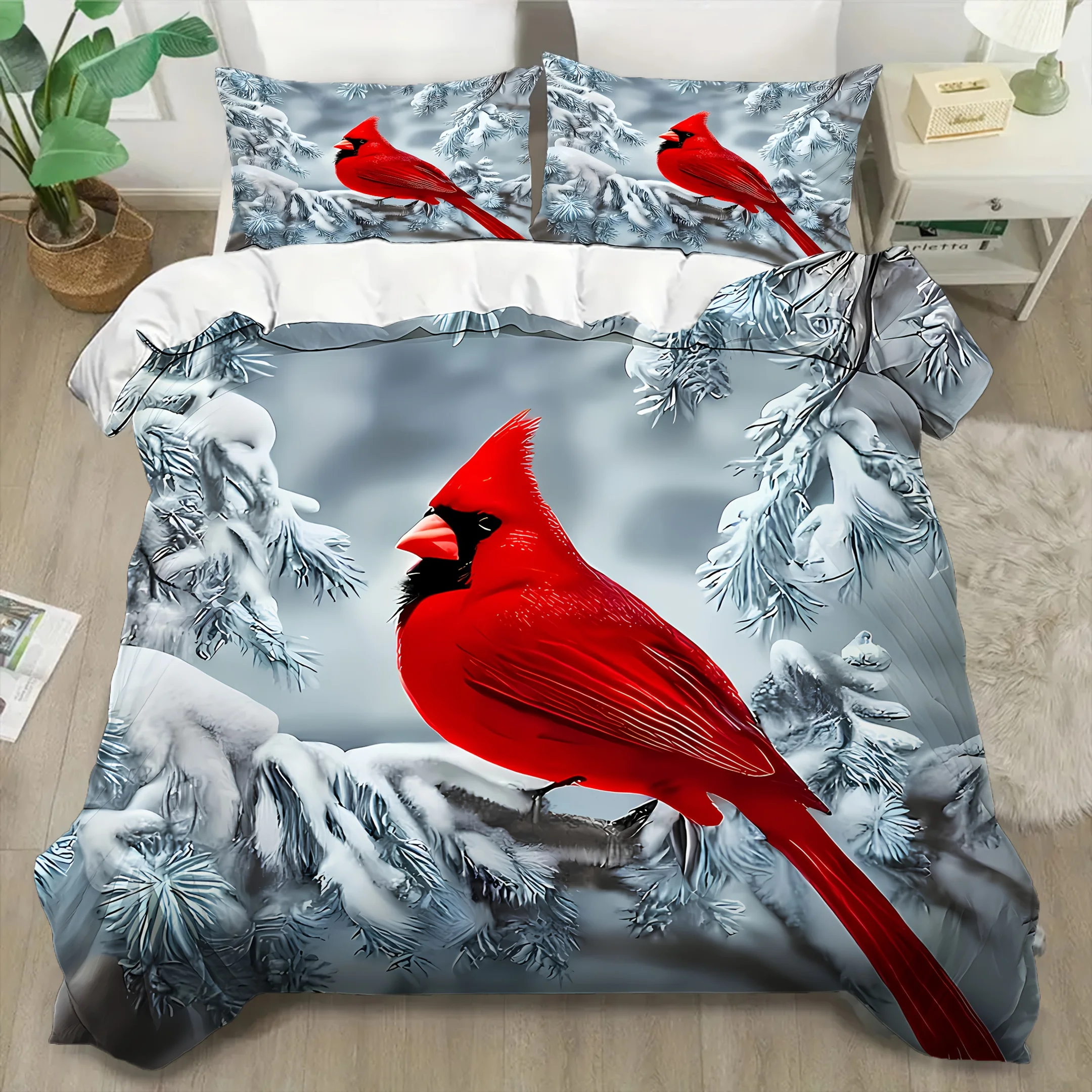 3Pcs Red Bird Winter Snow Duvet Cover Set, Ultra Soft Comfortable Breathable Bedding with Pillowcases, Animal Theme for Bedroom