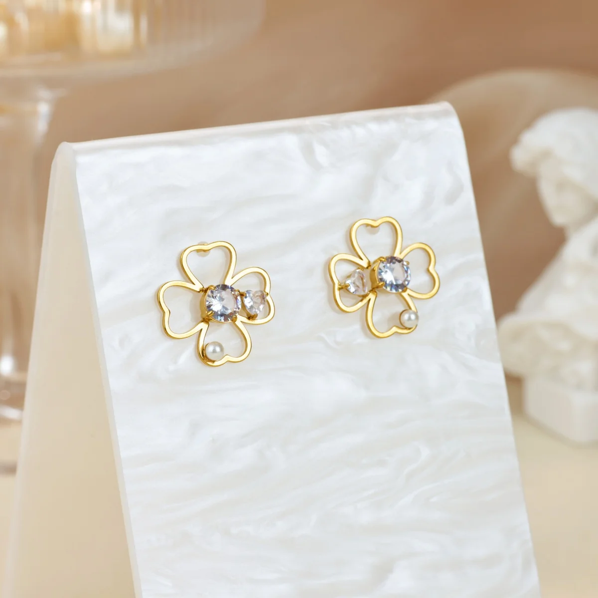 Hollow Four Leaf Stud Earrings for Women Gold Zircon Stainless Steel