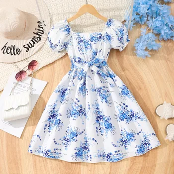 2025 Children Dress Teen Girl Costume Summer Flower Blue Short Sleeve Birthday Party Kids Girl Princess Dress 7 8 9 10 11 12 Yrs 1