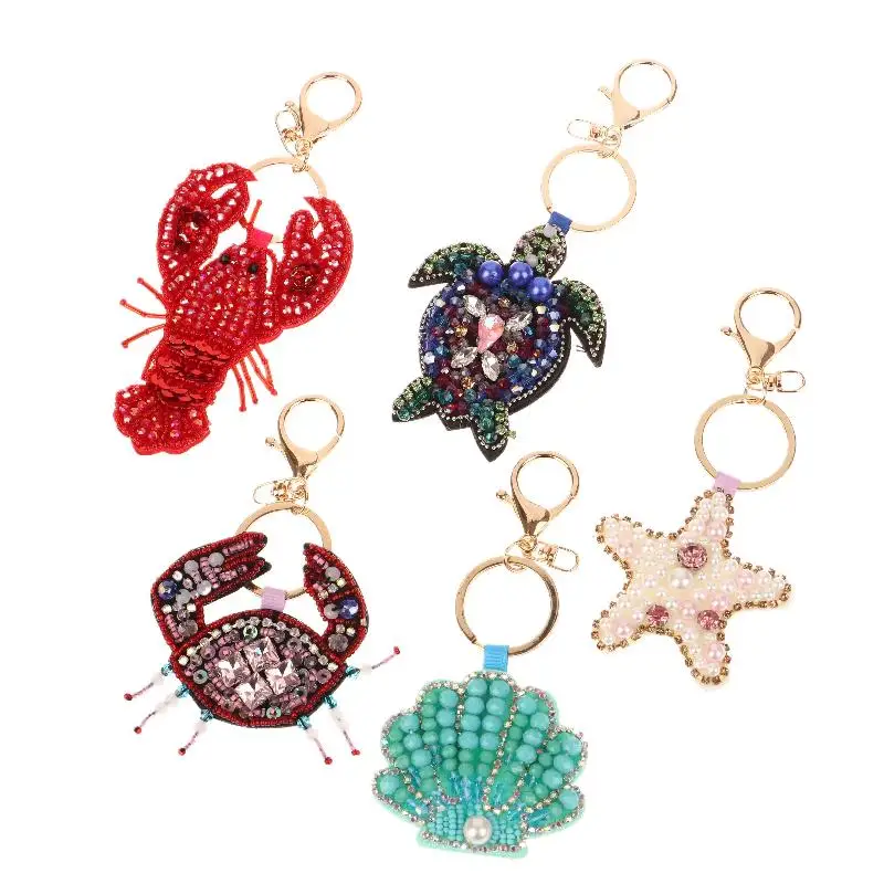 Strass-Hummer-Perlen-Anhänger, hübsche handgenähte Taschenanhänger, Krabbenmuscheln, Schildkröte, hängende Seilflicken, Applikation, Taschen-Lanyard – Detail 8