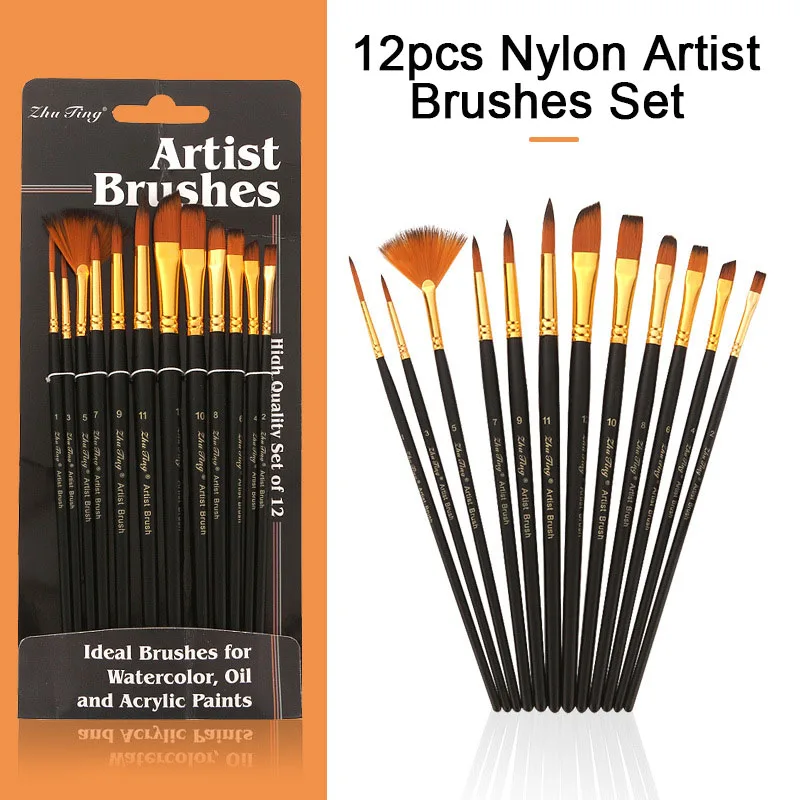 12pcs Professional Watercolor Paint Brushes Set Artist Synthetic Fine Nylon Brush Different Size for Acrylic Oil Gouache Acrylic pual rubens artist grade watercolor brush squirrel hair multi size professional paint brush for watercolors oil acrylic gouache