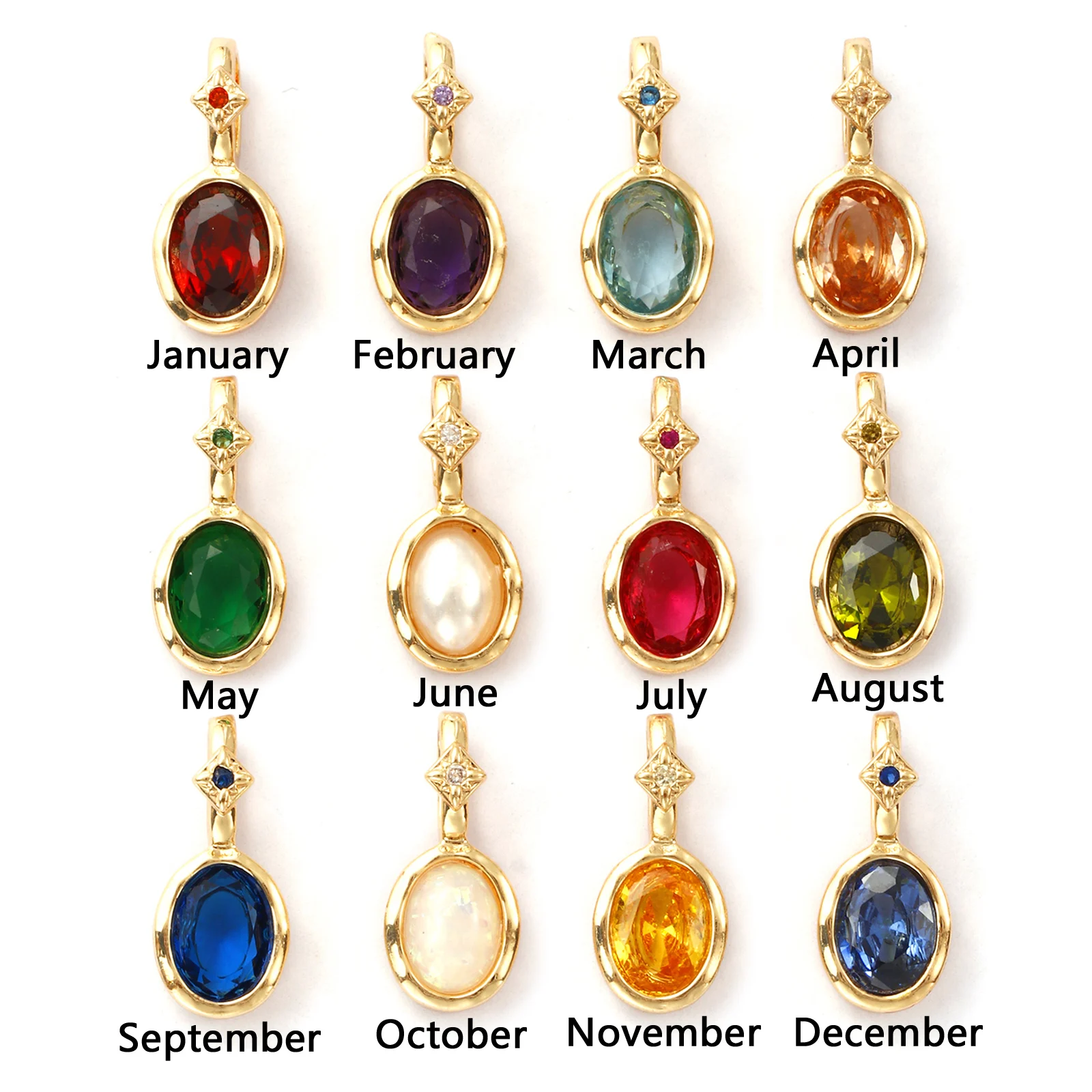 1 Stück Messing & Zirkonia Geburtsstein Charms 14K vergoldet Oval Anhänger für DIY Halskette Ohrring Schmuckherstellung 18mm x 8mm